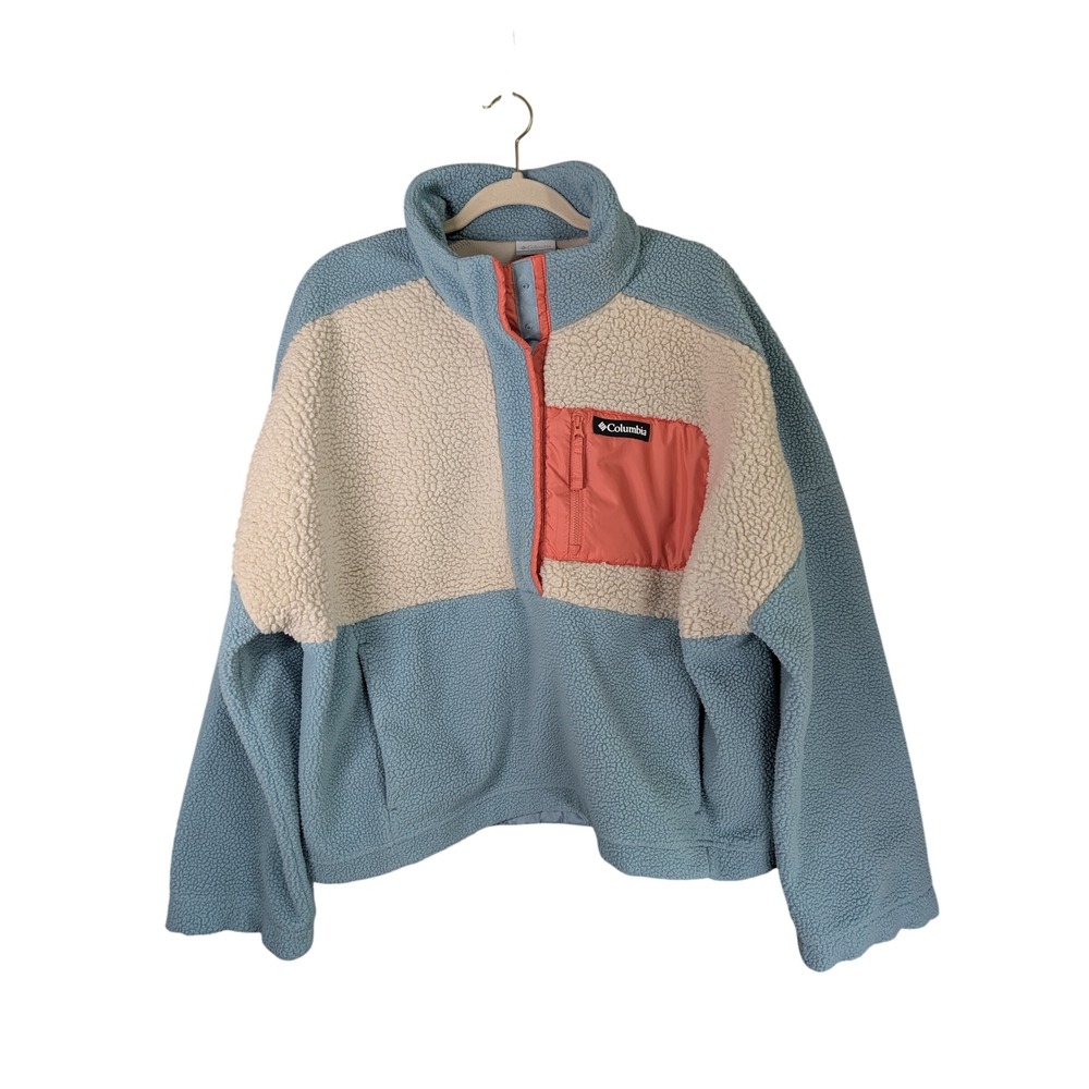 Columbia Sherpa Fleece Pullover XXL Blue Cream Colorblock Snap Mock Neck XP3671